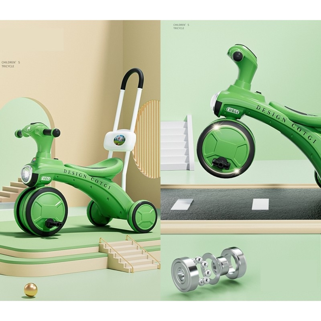 Tricicleta pentru copii Flippy, pedalare, impingere, lumini si sunete, pedale antiderapante, material dur, cos depozitare, varsta peste 18 luni
