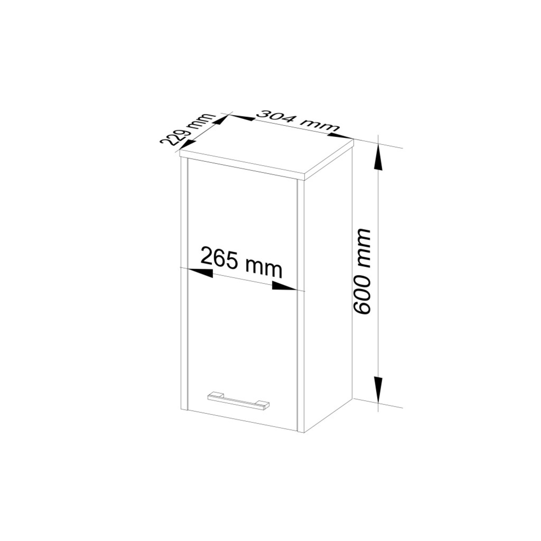 Dulap baie suspendat, cu usa si raft interior, PAL 16 mm, 30×22,5×60 cm, stejar artisan si alb