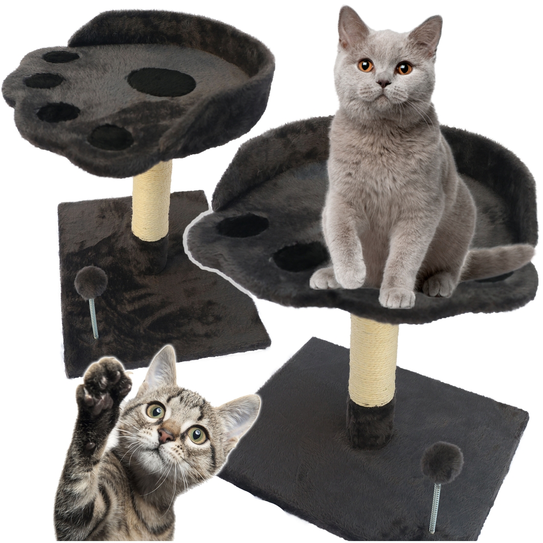 Ansamblu de joaca pentru pisici, cu culcus si loc pentru zgariat, minge, 48cm, gri inchis