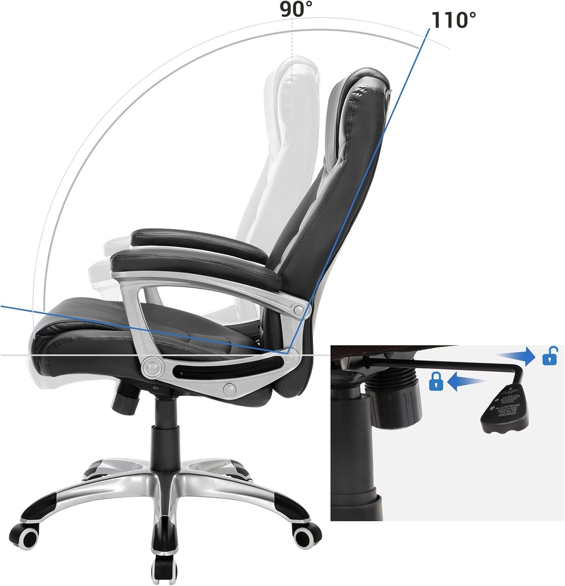 SONGMICS Scaun ergonomic de birou reglabil pe inaltime, piele ecologica, maxim 150 kg, 53x54x115 cm, negru