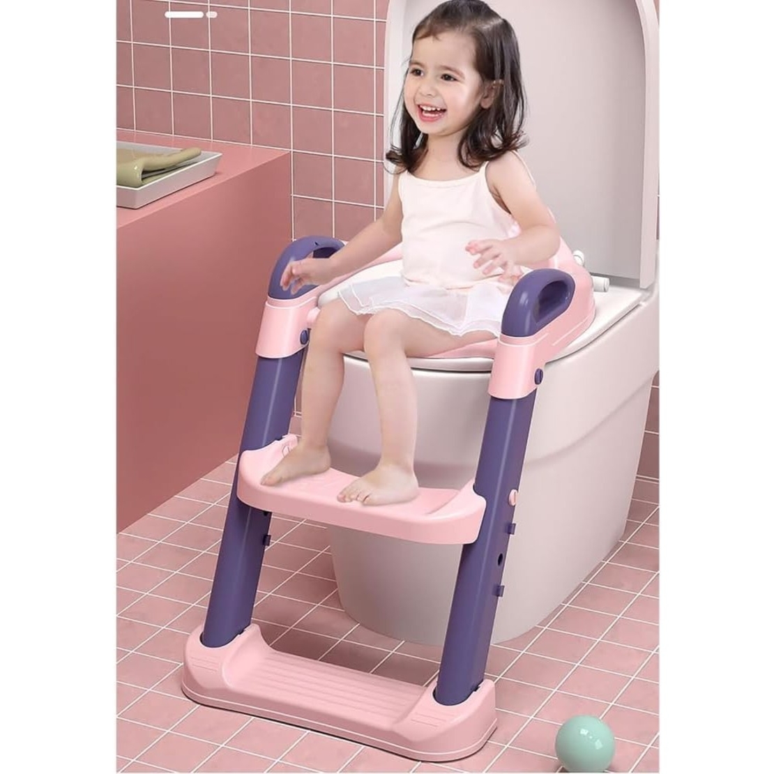 Reductor si Scaunel Inaltator WC, Flippy, pentru Copii 1 - 7 Ani, 2 Trepte Reglabile, Pliabil, Colac Moale, cu Spatar si Manere, Inaltime 54/58 cm x 39.5 x 35 cm, din Plastic+PVC, Roz/Mov