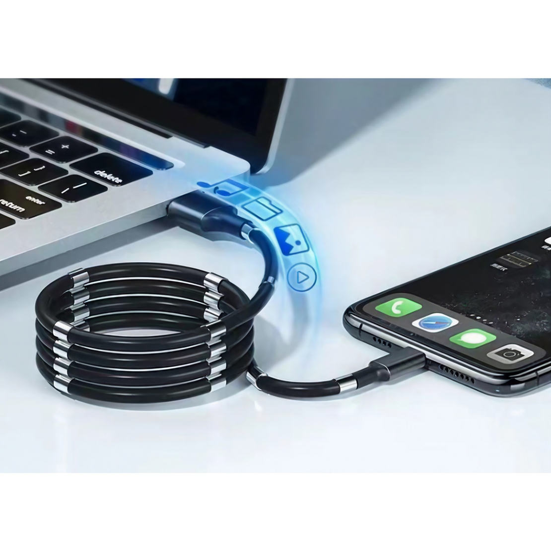 Cablu de incarcare rapida, Flippy, USB, compatibil Iphone, cu absorbtie magnetica, 1 m, negru