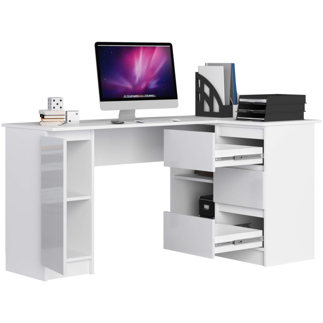 Birou colt dreapta in L cu 3 sertare si rafturi, fronturi din MDF lucios, 155x85x77 cm, alb lucios