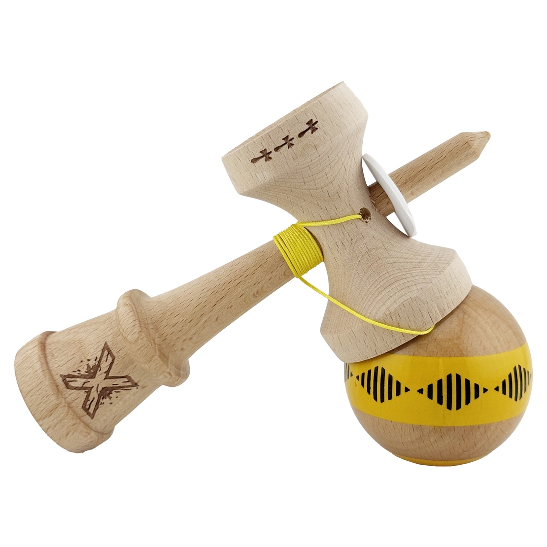Kendama X Originala FREQUENCY, Profesionala, Flippy, Cupe Mari KING SIZE V3, Super Sticky, Gaura in Baza, Rulment Metalic, din lemn 18 cm, Ata 62/65 cm, Galben/Maro