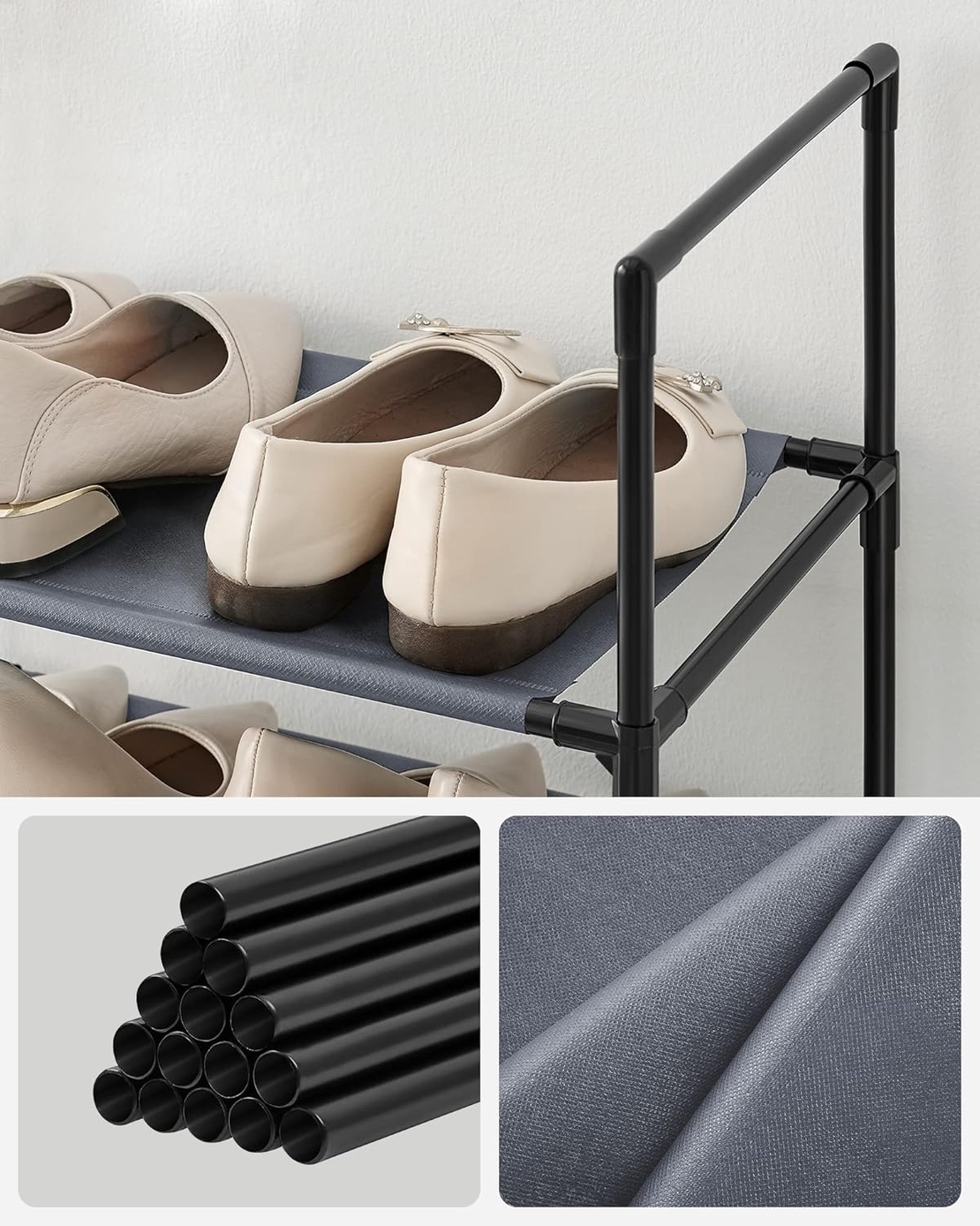 SONGMICS Suport pentru pantofi cu 10 nivele, cadru metalic, rafturi din textil, 33x33x173cm, gri