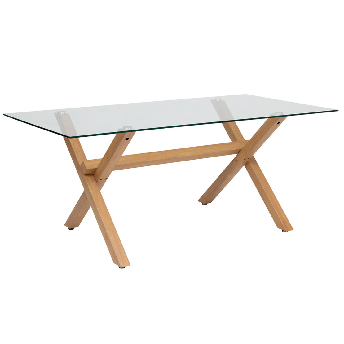 Masa dining bucatarie Atmosphera Jorel cu blat din sticla si picioare metalice, 180x90x75 cm, efect stejar