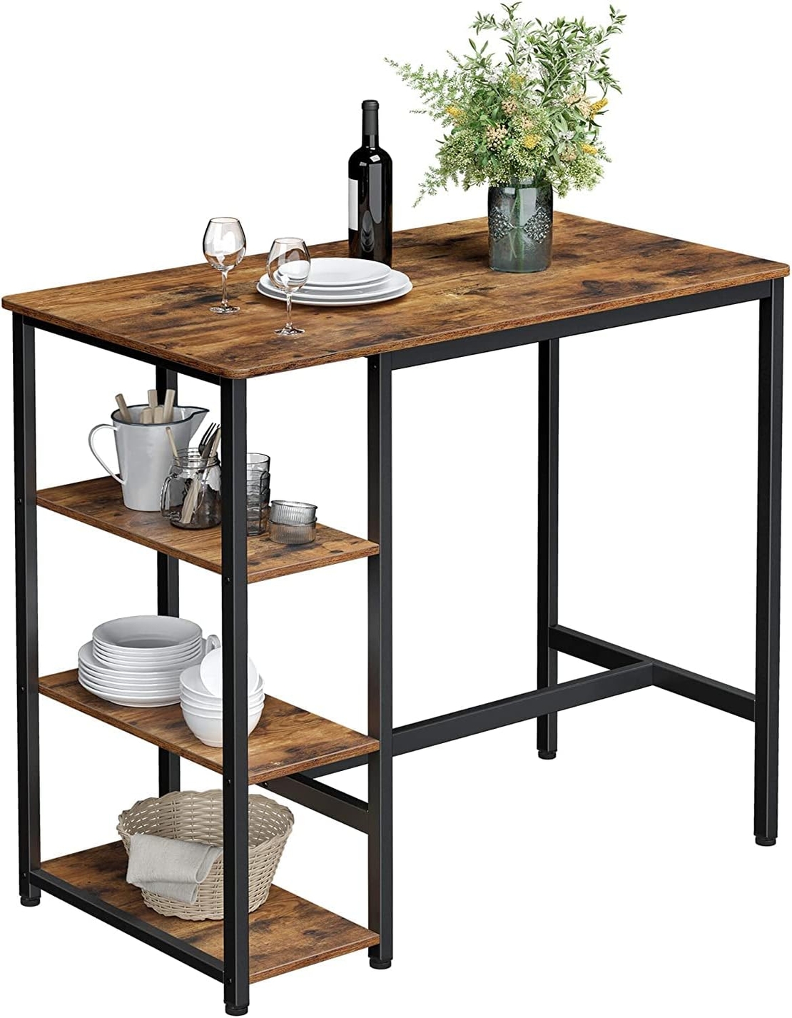 VASAGLE Masa de bar dreptunghiulara cu cadru metalic, 3 rafturi, design industrial, 109x60x100cm, maro vintage si negru