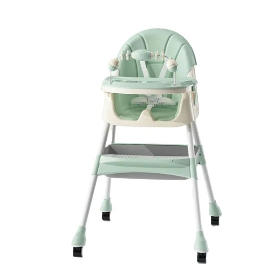 Scaun de Masa 2in1, Flippy, pentru Copii de la 6 luni - 5 Ani, Inaltime Reglabila, Centura in 5 Puncte, Tava de Masa, Roti cu Frana, Cos Depozitare, Jucarie Inclusa, 94 x 78 x 60 cm, Verde