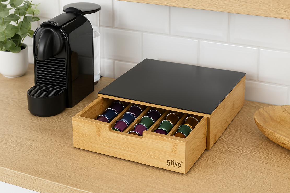 Suport capsule cafea 5Five Blackbamboo, cu sertar, bambus si sticla, 30x30x10 cm, natur si negru