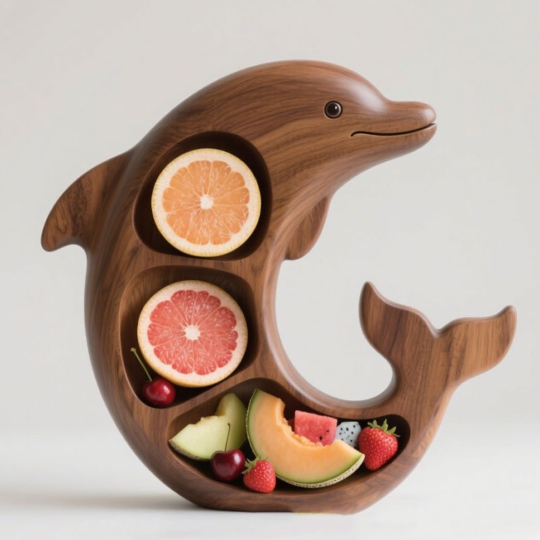Platou pentru Servire, Vafy, in Forma de Delfin, 3 Compartimente pentru Mezeluri, Branzeturi, Snacksuri, Fructe, Design Artistic, din Lemn Masiv, 26 x 25 x 4 cm, Maro Natur