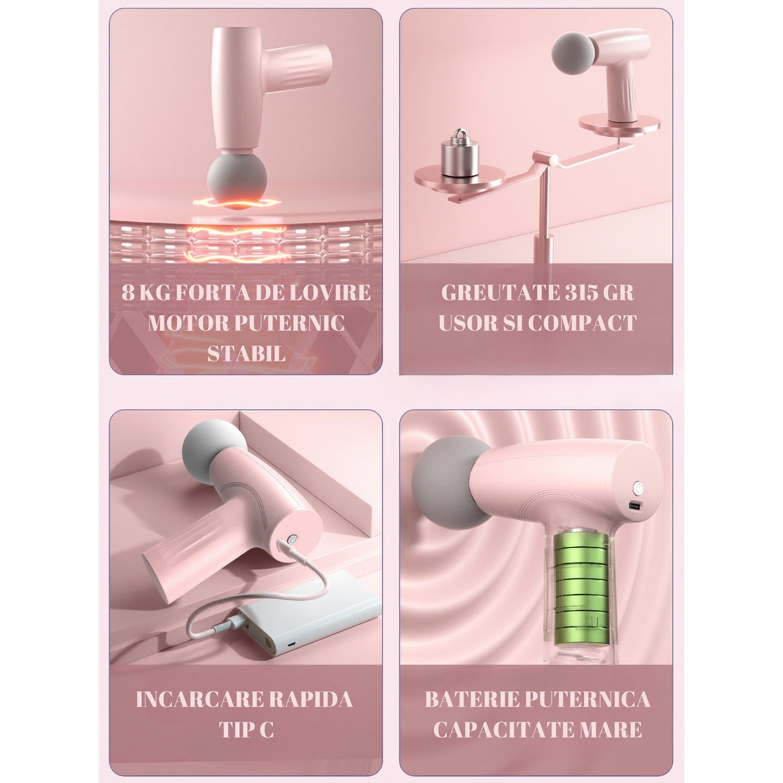 Mini Aparat de Masaj, Vafy, Tip Pistol, Incarcare USB Tip C, Portabil, Pentru Relaxare Musculara, Autonomie 120 Min, 3 Trepte de Viteza, Roz