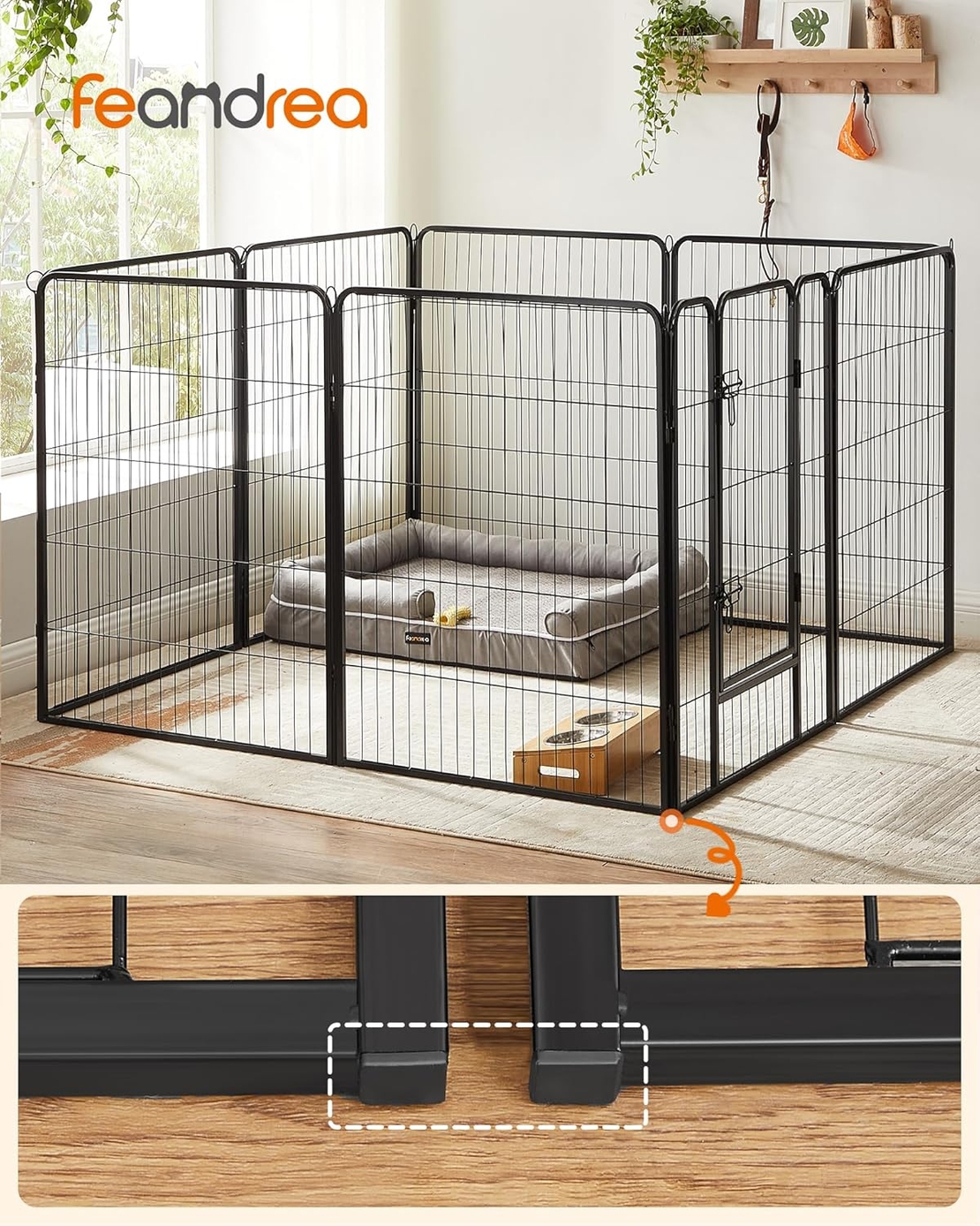 FEANDREA Tarc metalic pentru animale, 8 panouri modulare, utilizare interior sau exterior, 160x160x100 cm, negru