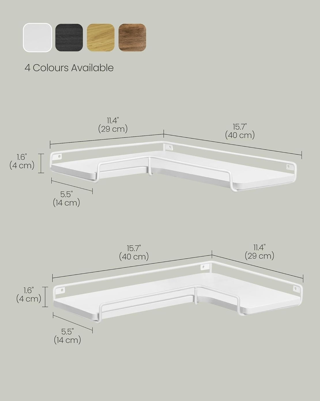 VASAGLE Set de 2 rafturi plutitoare de colt in forma de L, stil industrial, 40x29x14cm, alb