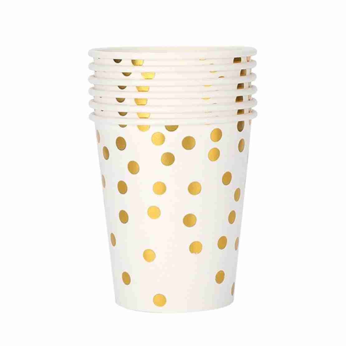 Set 10 Pahare, Flippy, Imprimeu cu Buline, din Carton, 250 ml, 7.5 x 8.5 x 5.2 cm, Auriu