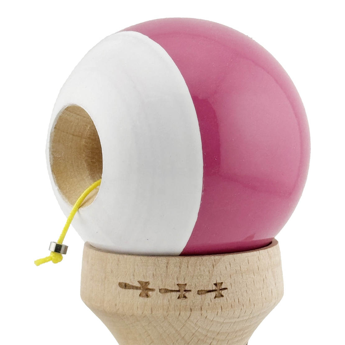 Kendama X Originala, Profesionala, Flippy, Super Sticky cu Cupe Mari KING SIZE V3, Gaura in Baza, Rulment Metalic, din lemn 18 cm, Ata 62/65 cm, Bicolor Roz inchis/Alb