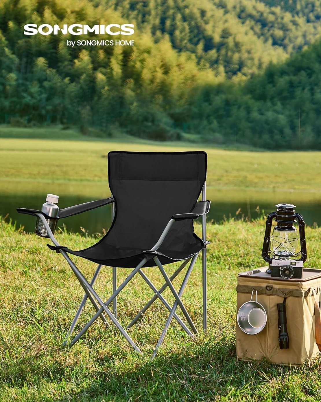 SONGMICS Set 2 scaune pliabile camping cu suport bauturi, husa transport, 52x84x81 cm, 120 kg, negru