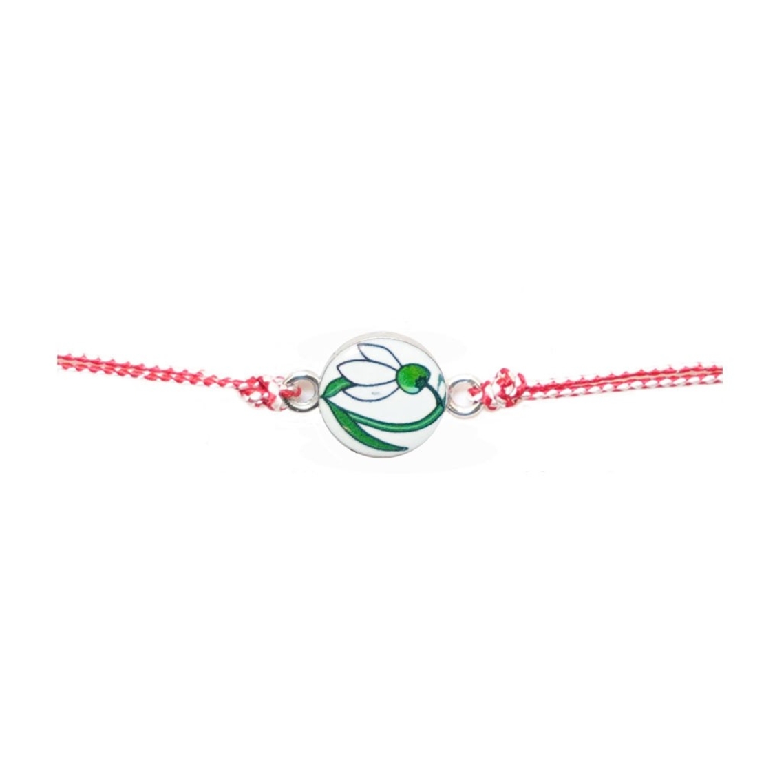 Martisor tip Bratara Traditionala cu Pandantiv, Jolie, Model Ghiocel, Snur Impletit Alb/Rosu, Dimensiune Pandativ Aprox 2 cm, Ambalaj cu Design