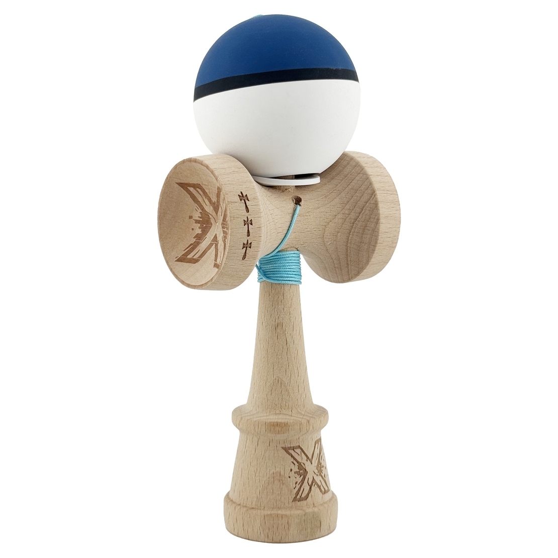 Kendama X Originala, Profesionala, Flippy, Cupe Mari KING SIZE V3, Rubber Grip, Gaura in Baza, Rulment Metalic, din lemn 18 cm, Ata 62/65 cm, S Bicolor Albastru inchis/Alb
