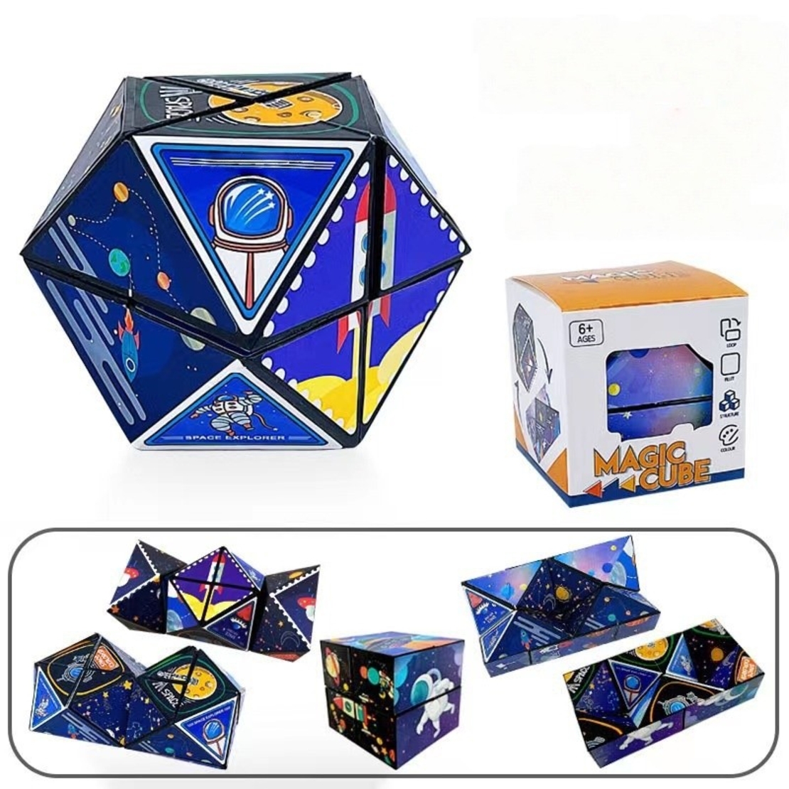 Jucarie Interactiva, Flippy, 3D Cub Rubik, Diferite Forme, Anti-stress, Tema Spatiu Cosmic, Multicolor
