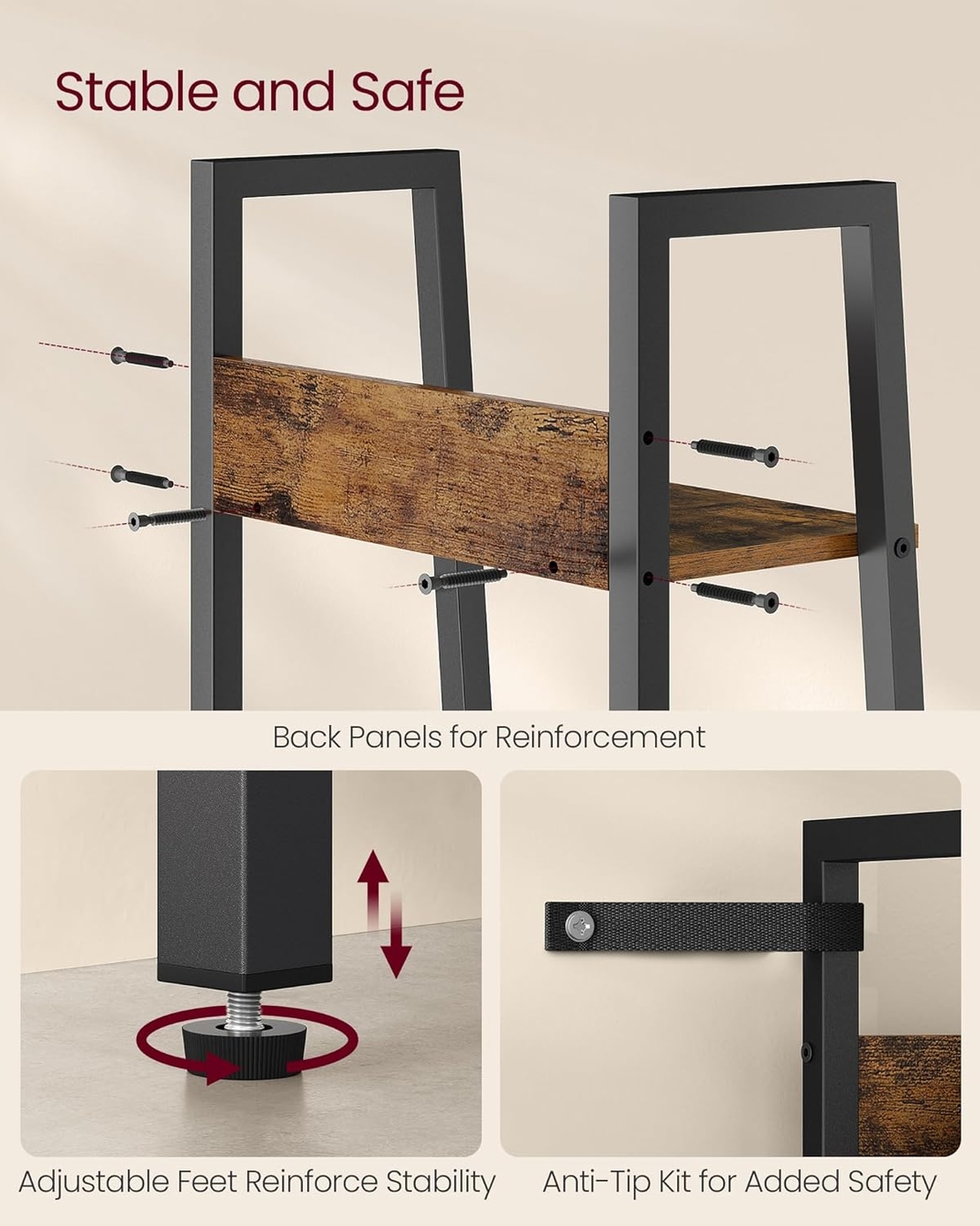 VASAGLE Biblioteca tip scara cu 5 rafturi, design industrial, cadru metalic si rafturi din PAL, 34x30x170 cm, maro rustic