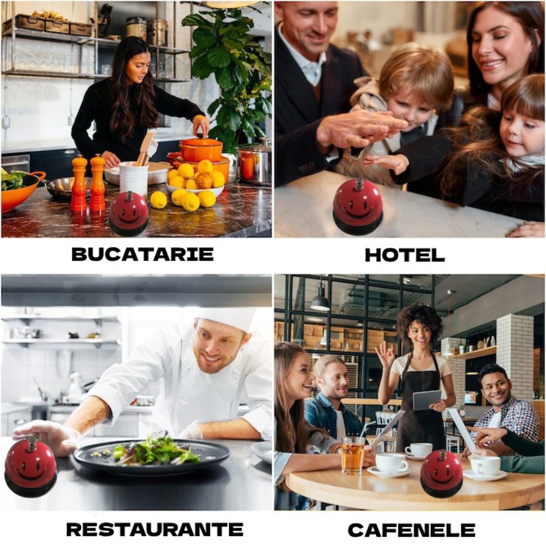 Clopotel Metalic Multifunctional, Flippy, Rosu cu Imprimeu Smiley Face, 7.5x7.5x6.5 cm, Receptie, Restaurant, Cafenele