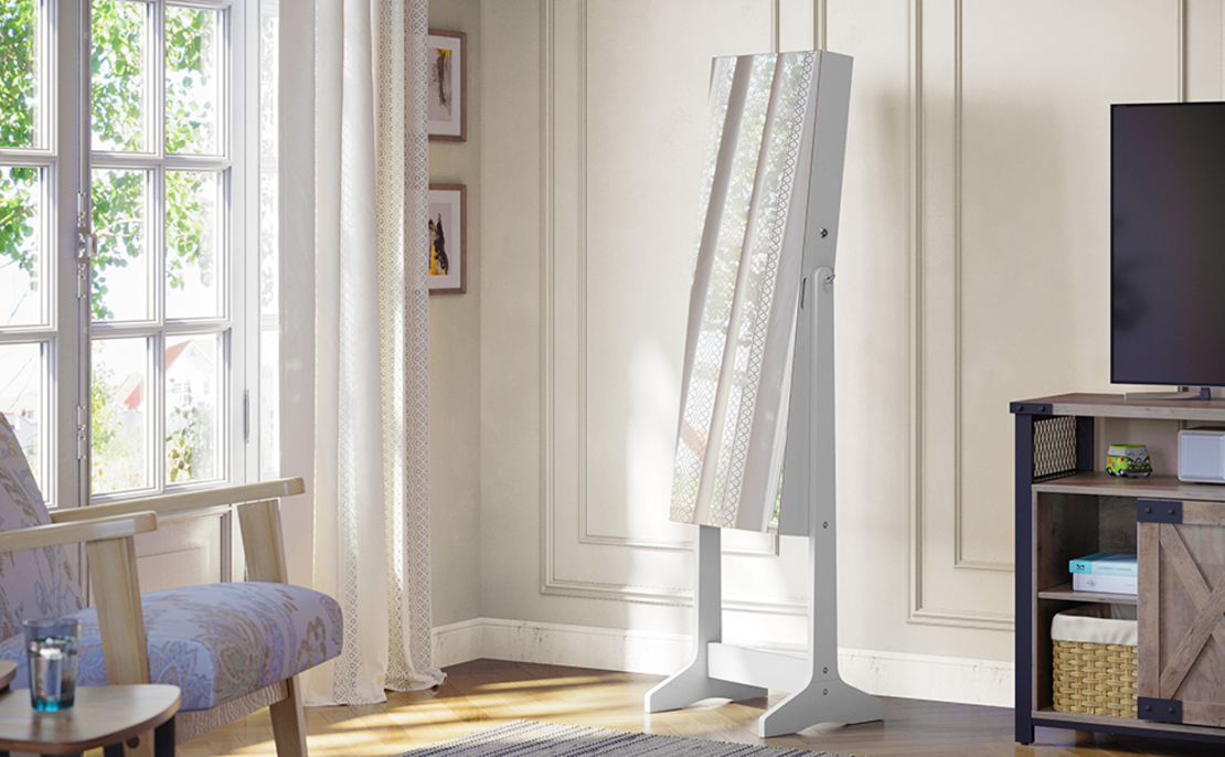 SONGMICS Oglinda de podea cu suport, design fara rama, cu spatiu de depozitare, 41x37x152cm, alb
