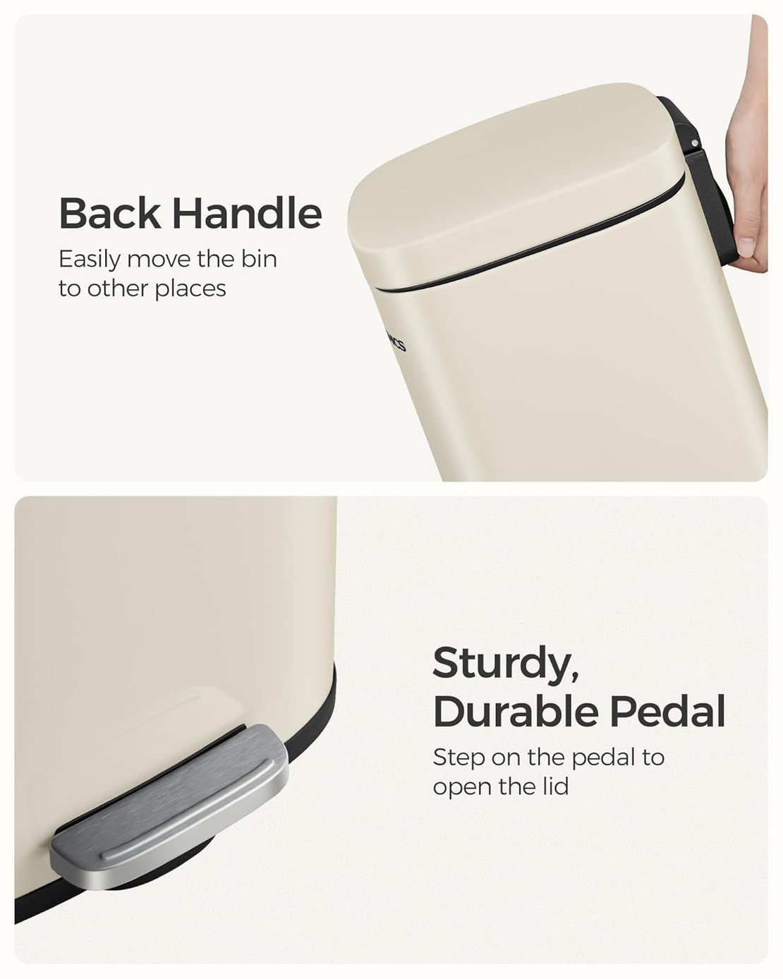 SONGMICS Cos de gunoi din otel cu pedala, galeata interioara plastic, capac inchidere lenta, 30L, 35x30x63cm, bej