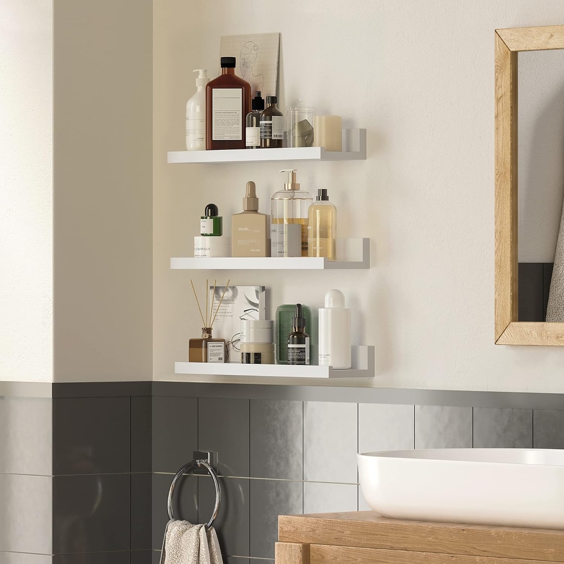SONGMICS Set 3 rafturi de perete plutitoare din MDF, suport pentru rame foto, 38x10cm, alb
