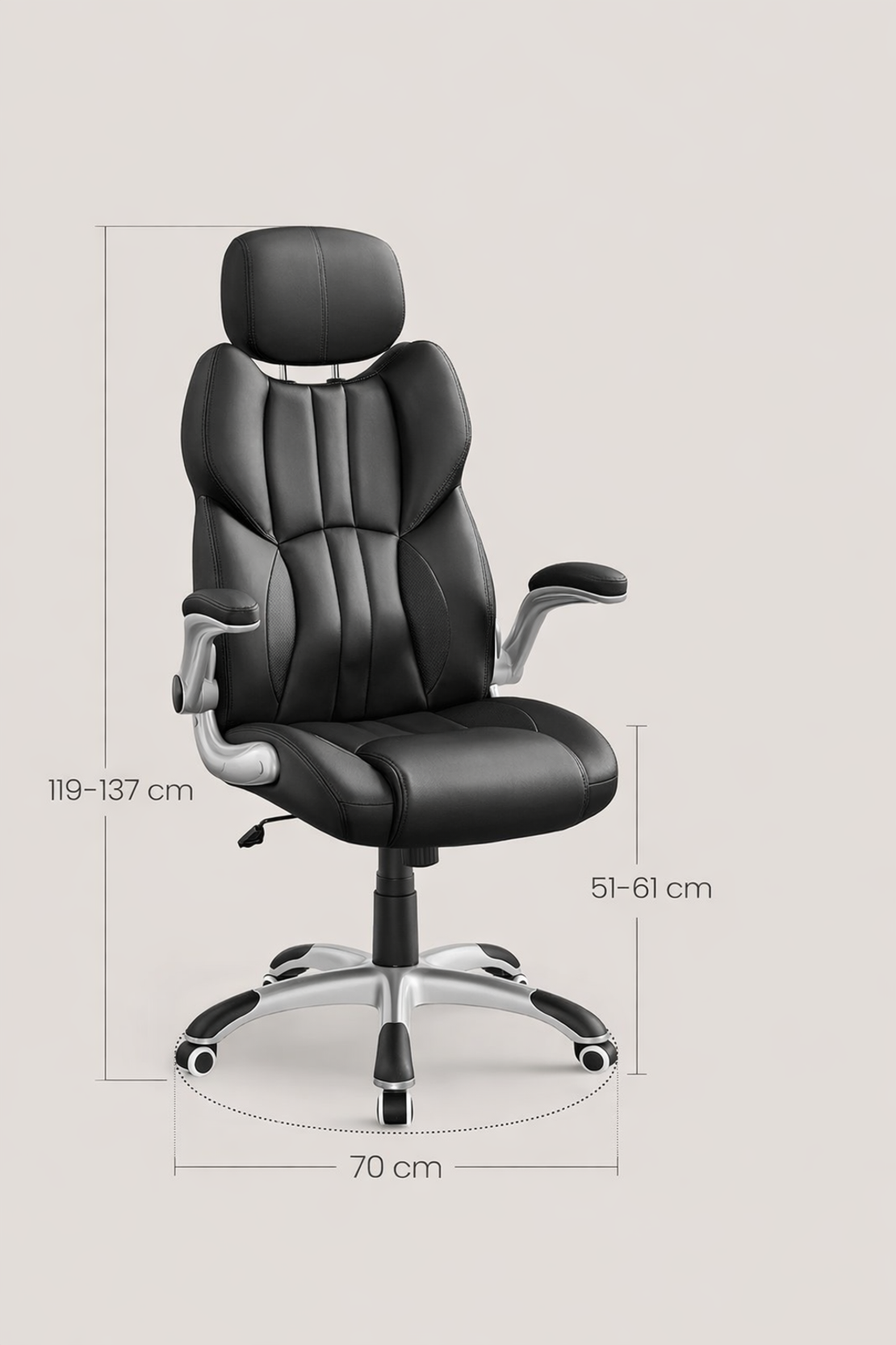SONGMICS Scaun de birou ergonomic cu brate rabatabile, reglabil pe inaltime, suport cap ajustabil, 70x70x137 cm, negru