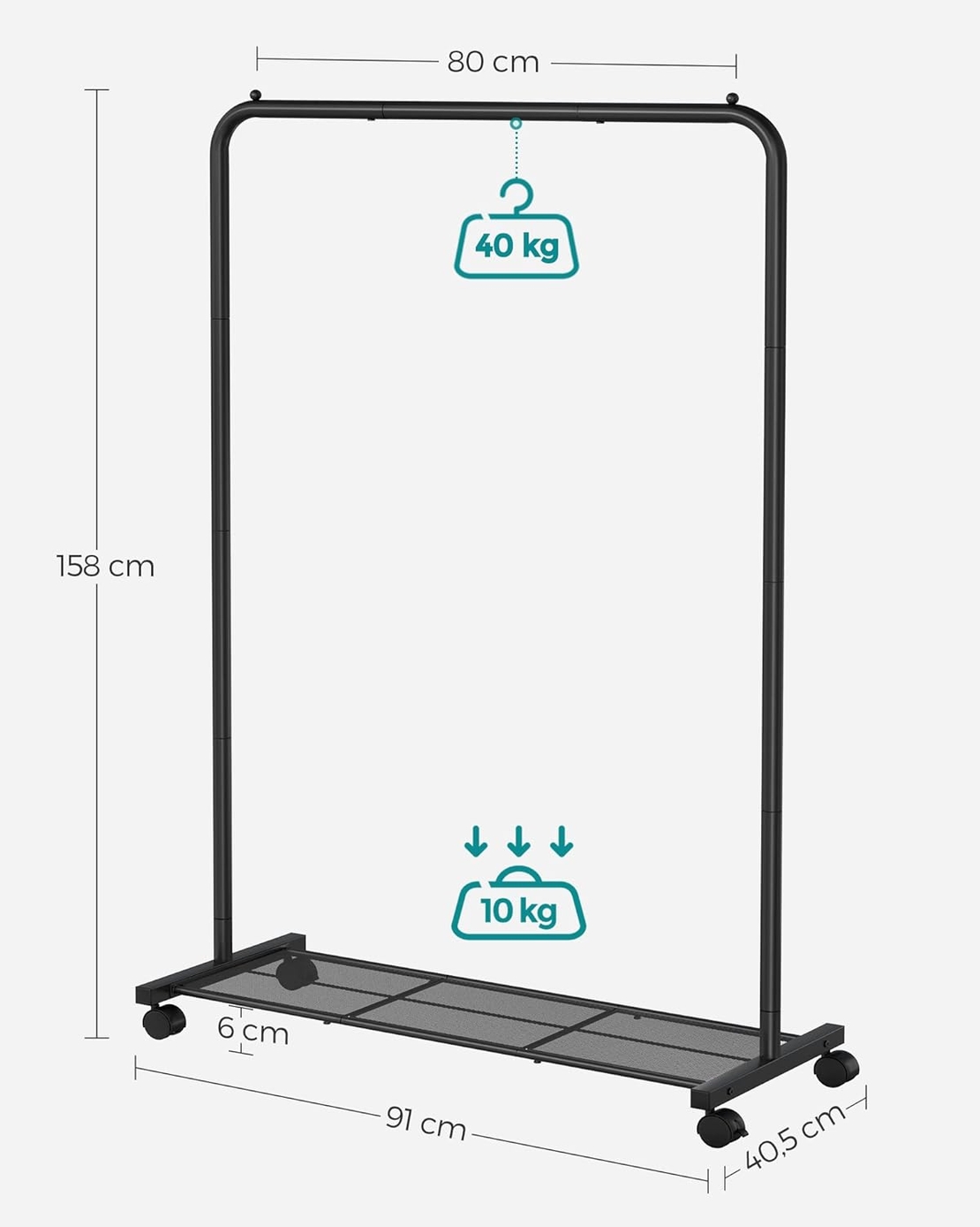 SONGMICS Suport pentru haine mobil cu roti, bara umerase si raft, stil industrial, 91x41x158 cm, negru