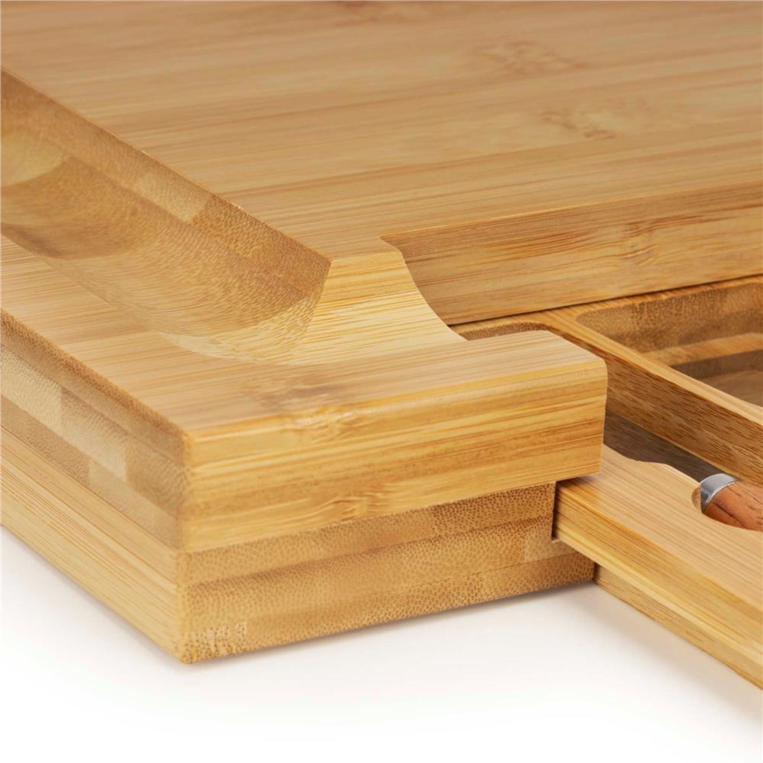 Set servire branzeturi cu platou din bambus si sertar glisant, 33x33x4 cm, maro natur