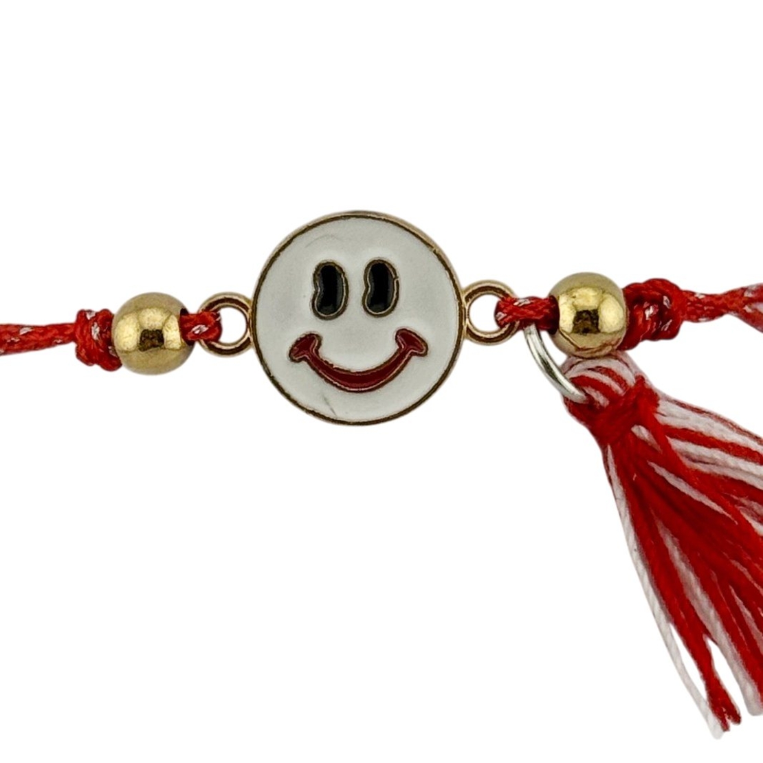 Martisor Bratara cu Ciucure pentru Dama, Jolie, Model Fata Zambitoare, Set 12 bucati, Pandativ din Inox, Snur Reglabil, Rosu/Alb