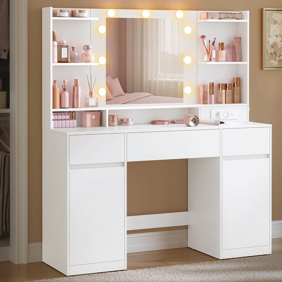 VASAGLE Masa de toaleta Kailyn cu oglinda, iluminare LED reglabila, priza integrata AC si USB, fronturi MDF, 40x107x144 cm, alb