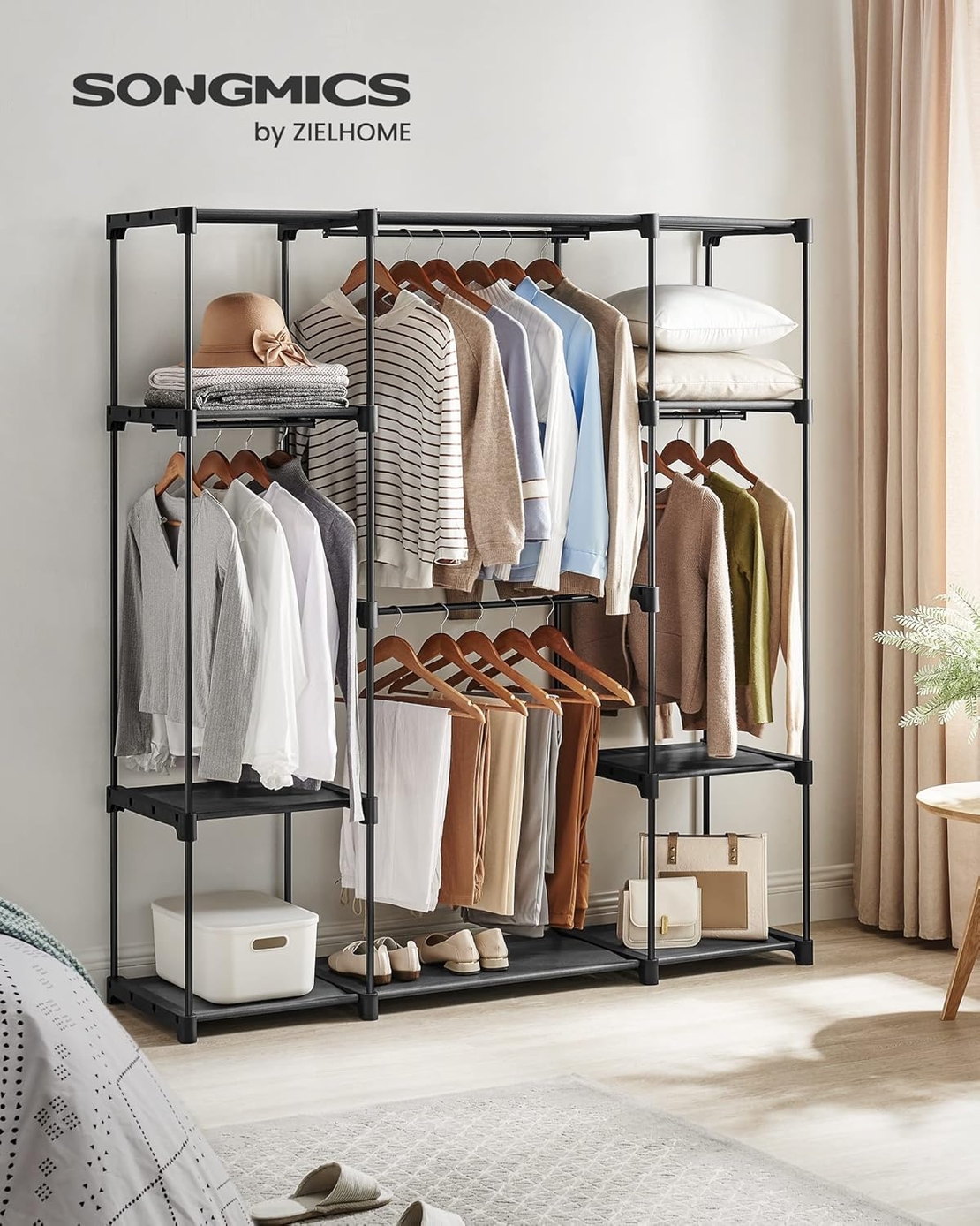 SONGMICS Dulap portabil pentru haine cu 4 bare de suspendare si rafturi, structura metalica, 151x43x166 cm, negru