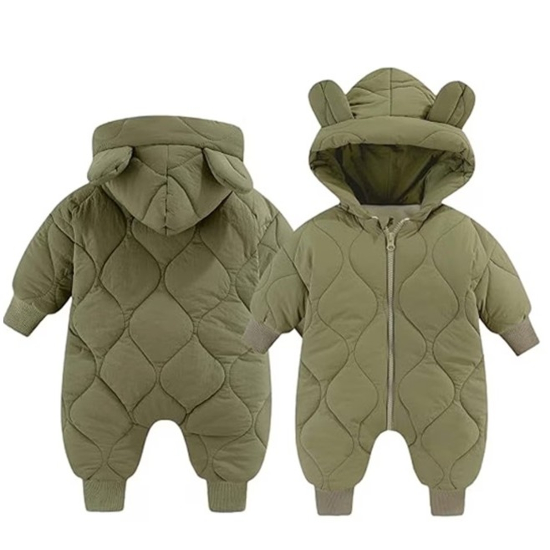 Combinezon de Iarna, Vafy, pentru Bebelusi, din Bumbac, cu Urechi, Mansete Elastice, Unisex, 73 cm, Verde