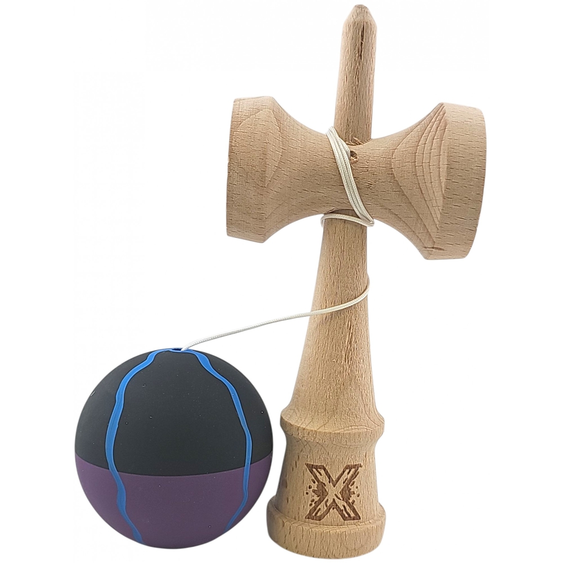 Kendama X Originala, Profesionala, Flippy, din Lemn, Rubber Grip, 18 cm, Negru/Mov/Albastru