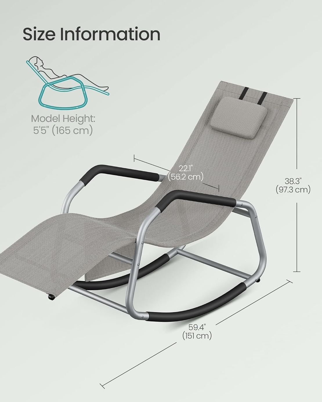 SONGMICS Sezlong balansoar gradina, cu tetiera reglabila si buzunar lateral, cadru otel, maxim 150 kg, 151x56x97 cm, gri
