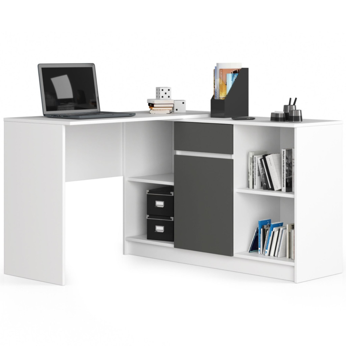 Birou de colt cu sertar, usa si 6 rafturi, PAL laminat 16 mm, 120x126x79 cm, alb si gri
