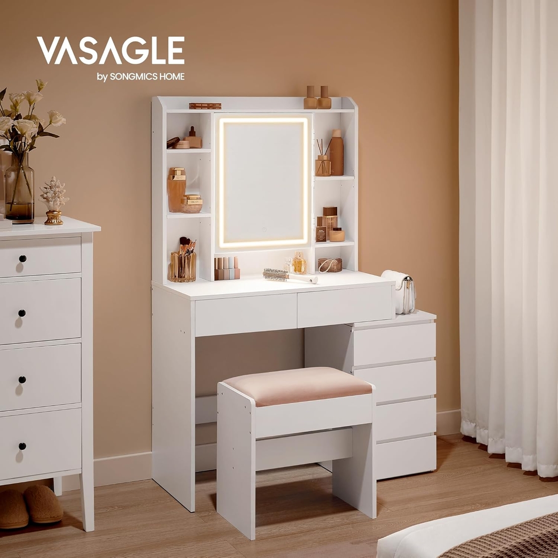 VASAGLE Masa de toaleta cu taburet si oglinda, iluminare LED reglabila, 6 sertare, 98x40x145 cm, alb