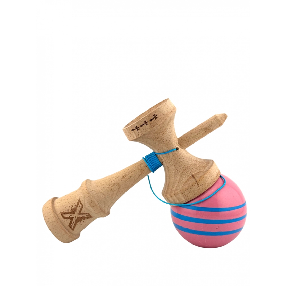 Kendama X Originala, Profesionala, Flippy, Big Cups V2, Super Sticky Legendary Cupe Mari, Rulment Metalic cu Ata 55 cm, Roz/Linii Albastre deschise