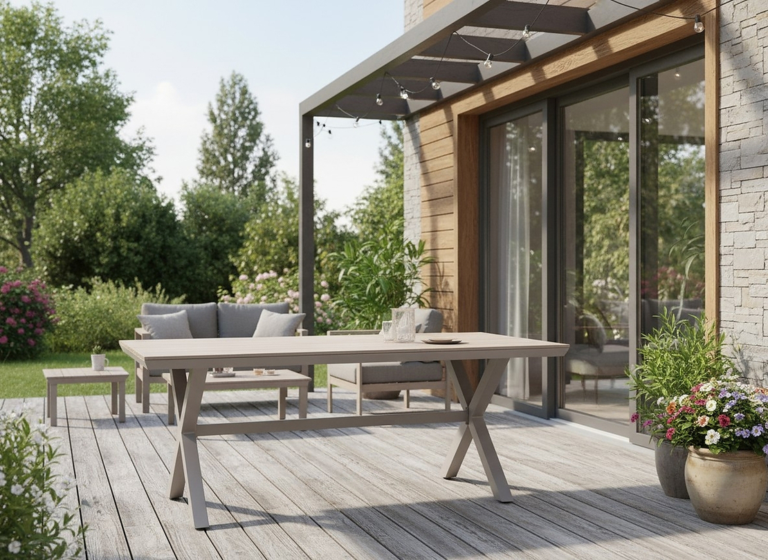 Masa pentru gradina, cadru aluminiu, blat polywood cu aspect de lemn, 180x100x75 cm, bej