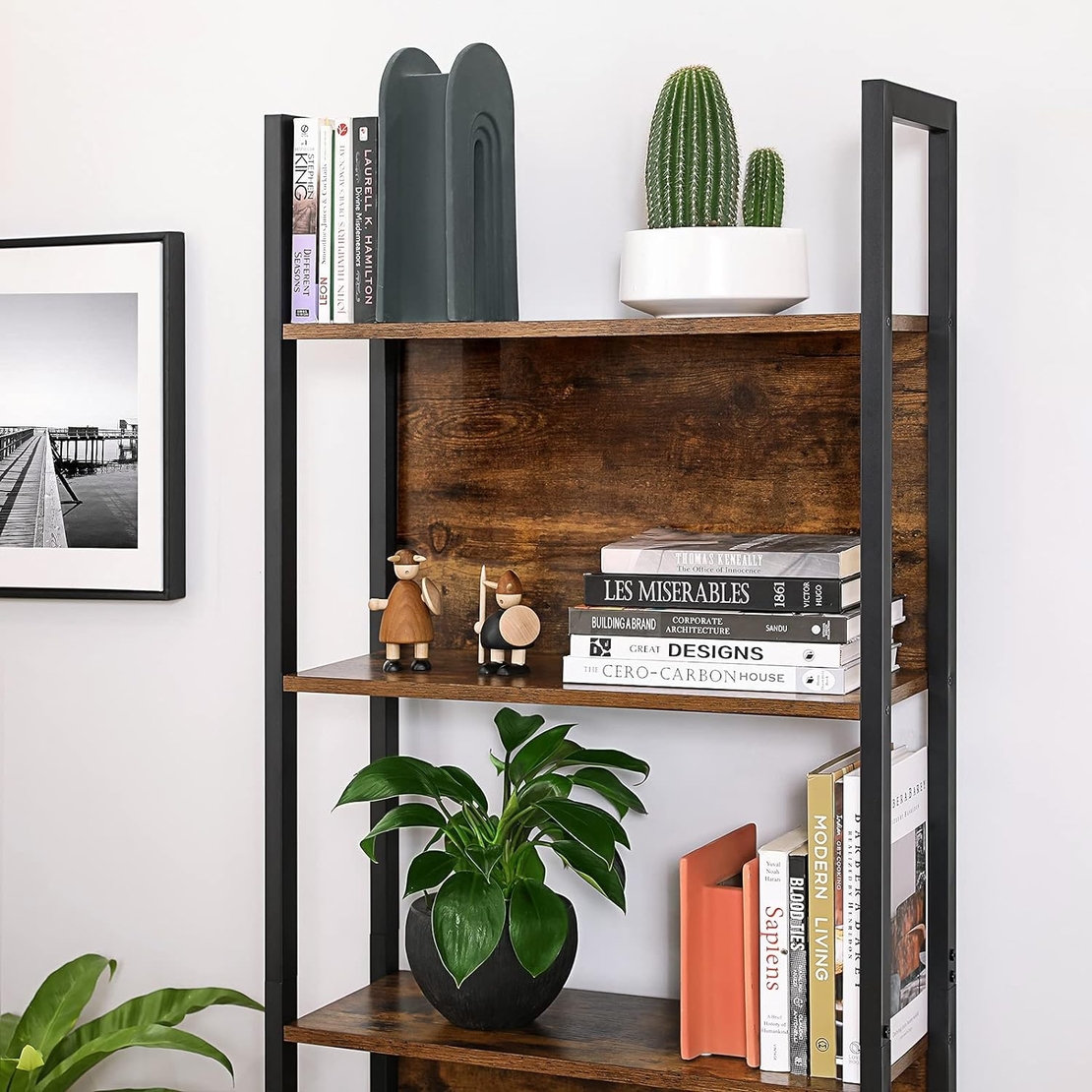 VASAGLE Biblioteca cu 5 rafturi de depozitare, cadru otel, stil industrial, 62x24x165cm, maro rustic si negru