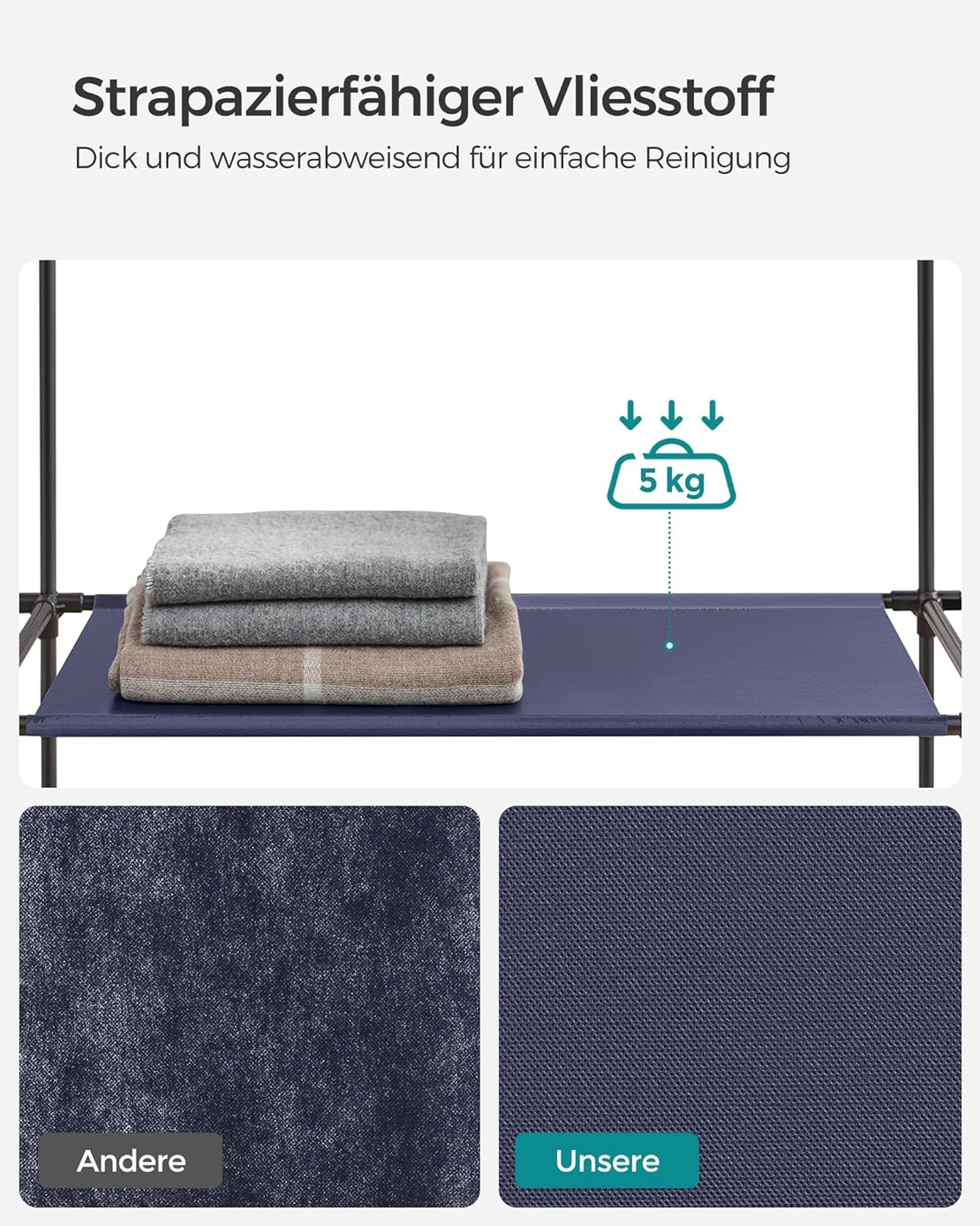 SONGMICS Garderoba din material textil, dulap portabil, cu rafturi si sina de agatat, 150x45x175cm, albastru