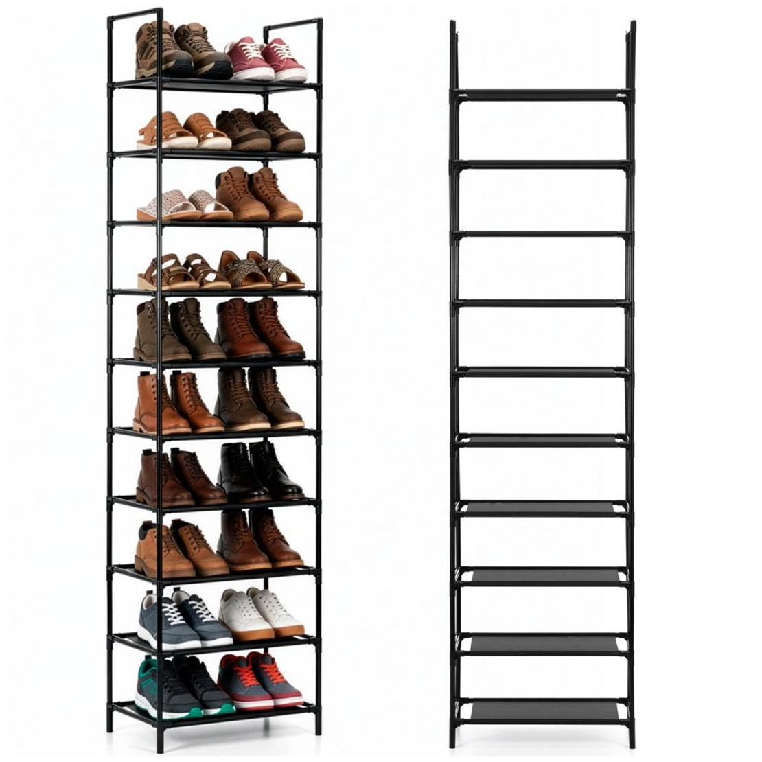 Raft pantofi inalt cu 10 polite, structura metalica si rafturi textile, 45x28x178 cm, negru
