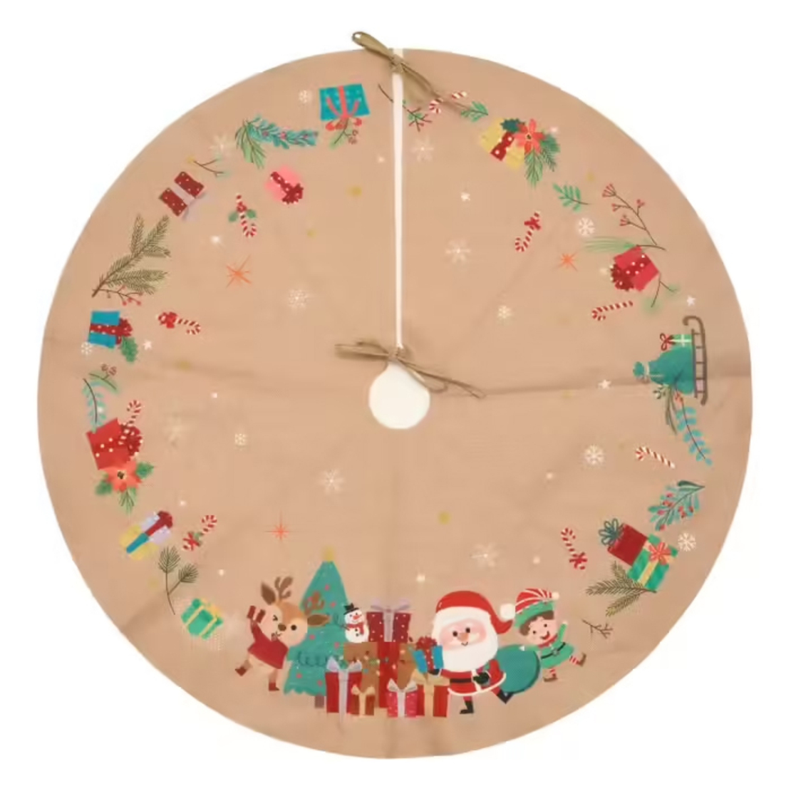 Covoras de pus sub bradul de Craciun, diametru 90 cm, model Mos Craciun, iuta, bej