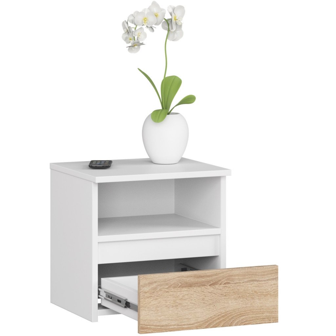 Noptiera cu 1 sertar, PAL laminat 16mm, 40x35x40 cm, alb si stejar sonoma