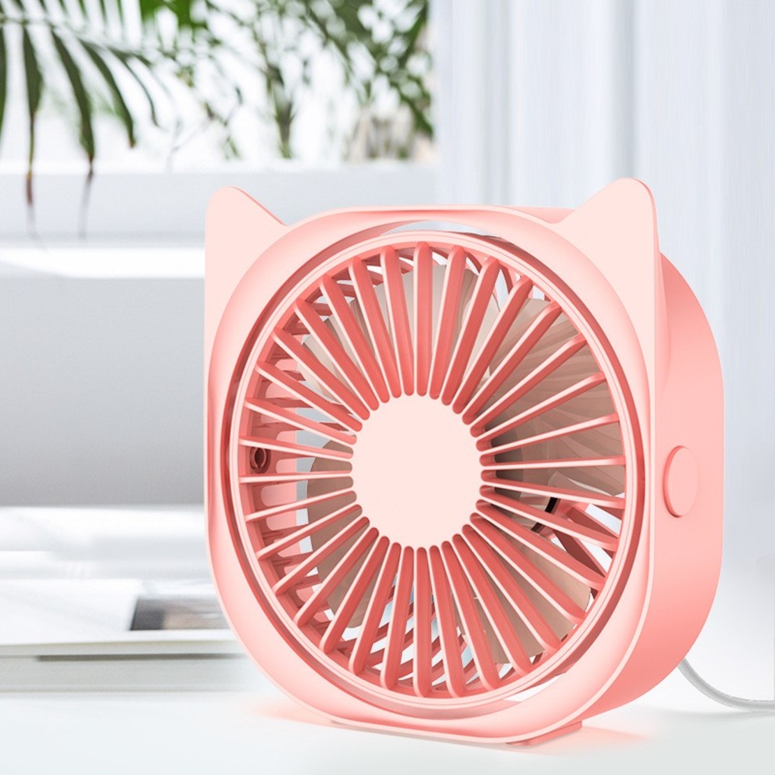 Mini ventilator pentru birou cu usb, Vafy, rotire 360 grade, 3 viteze, 13.5 x 12,8 cm, Roz