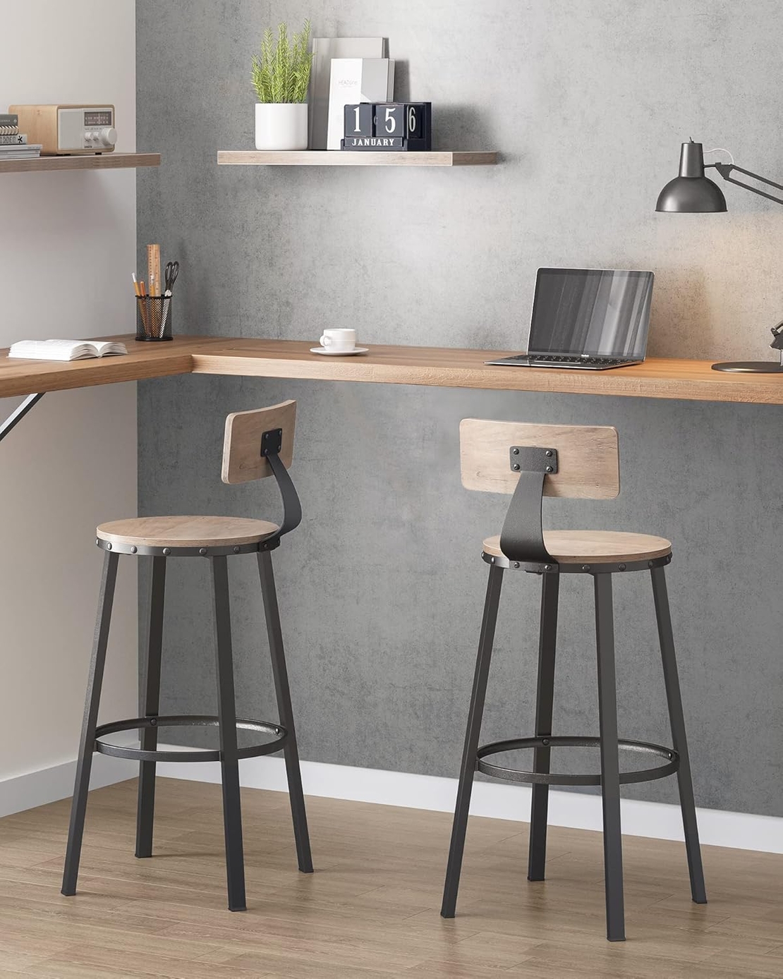 VASAGLE Set de 2 scaune de bar inalte cu spatar, cadru din otel, industrial, 54x99cm, gri stejar