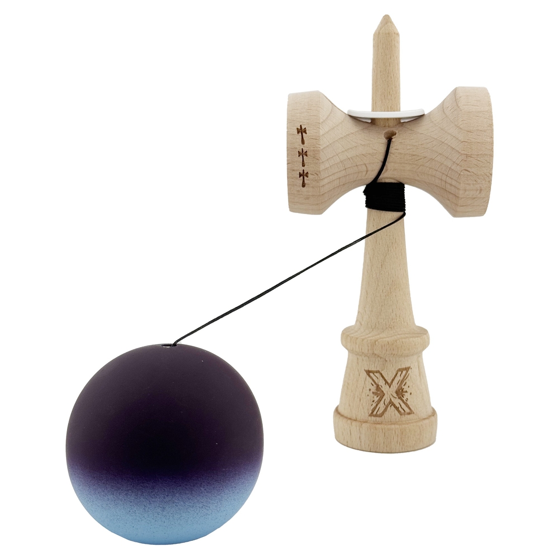 Kendama X Originala, Profesionala, Flippy, Cupe Mari KING SIZE V3, Rubber Grip, Gaura in Baza, Rulment Metalic, din lemn 18 cm, Ata 62/65 cm, Gradient Negru/Albastru deschis