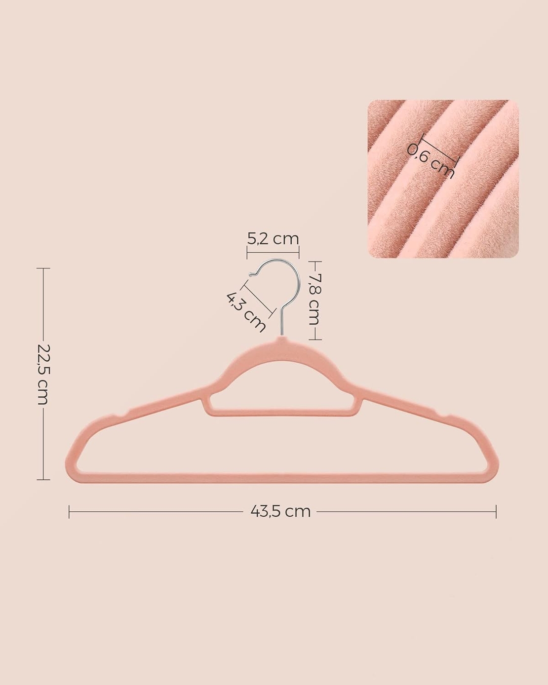 SONGMICS Set de 50 de umerase pentru haine, anti-alunecare cu catifea, bara de cravata si carlig pivotant, 43,5 cm, roz deschis